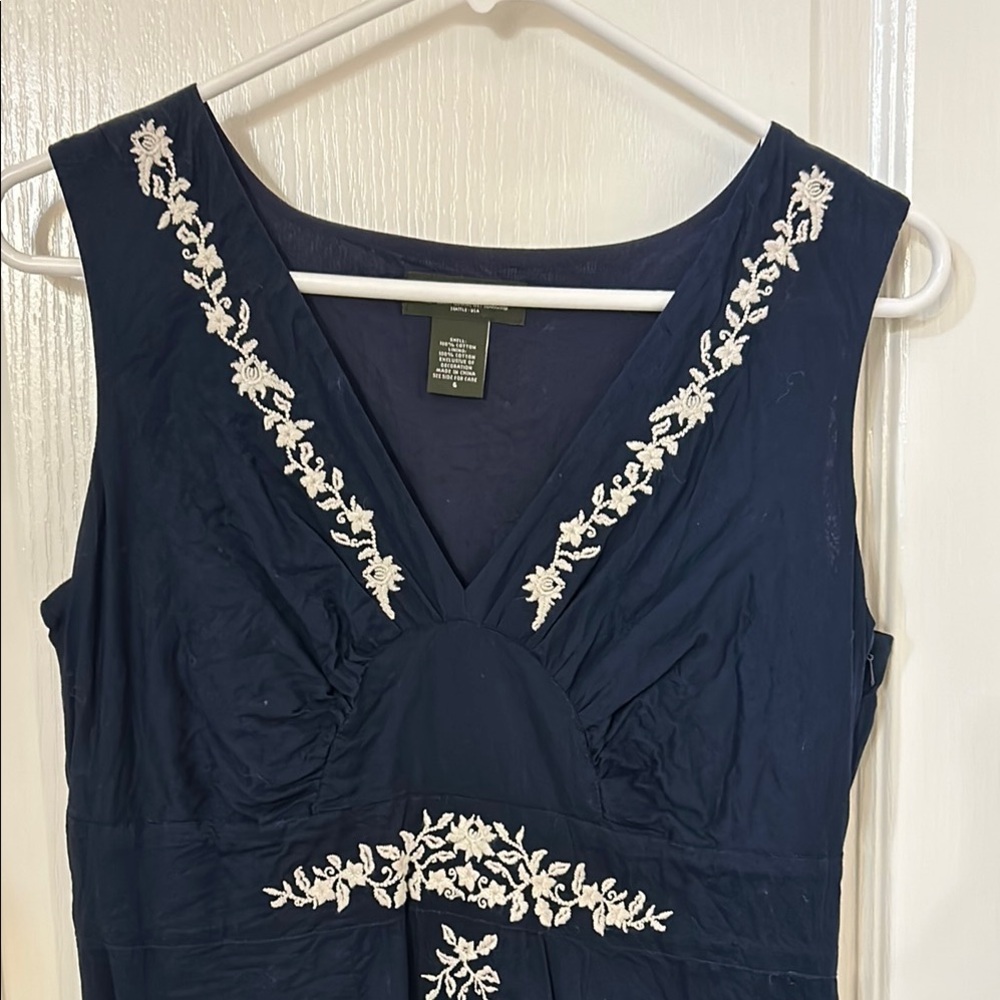 Eddie Bauer Navy Blue Dress with White Embroidery